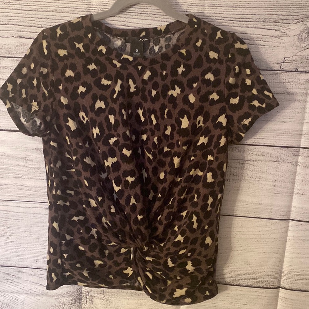 AQUA medium eggplant leopard tie front knot sweater